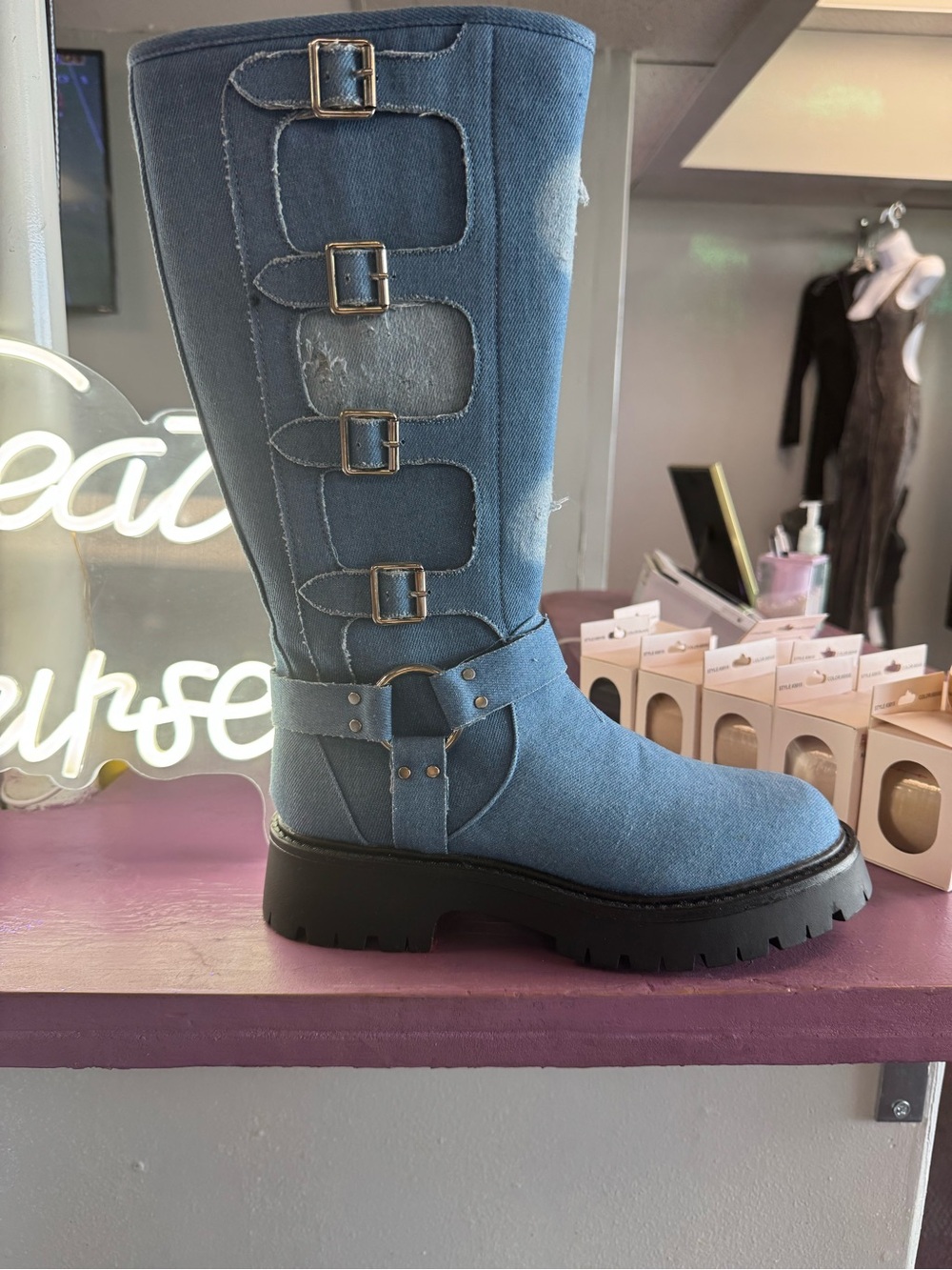 Light Blue Buckle Combat Boots - Women